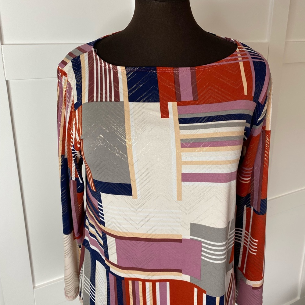 Jostar Stretchy Colorblock Geometric Golden Detail 3/4 Sleeves Tunic - Picture 5 of 10